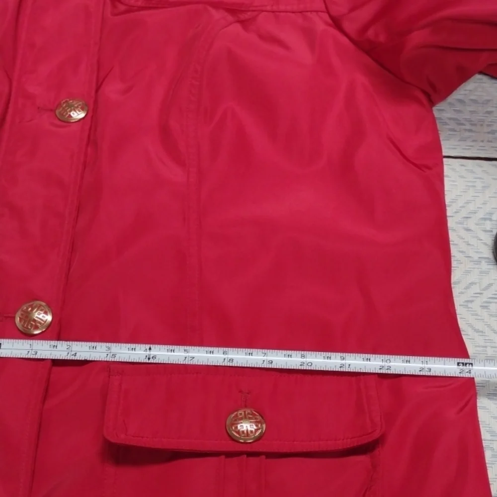 Dennis Basso Red Hooded Puffer Coat with Fur Trim - Picture 10 of 16